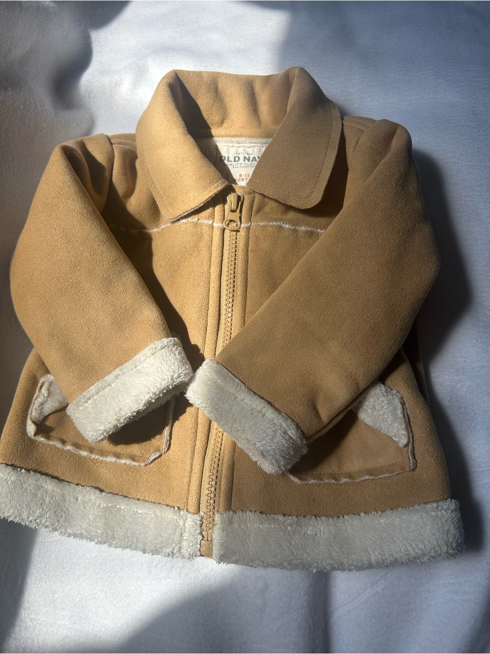Old Navy 6-12 months infant Tan Faux Suede Pea Coat with Cream Sherpa Trim